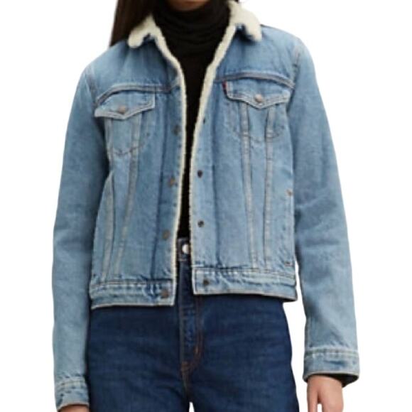 Levi's Boyfriend Sherpa Trucker Jean Jacket Addicted To Love Snap Button Blue M - Picture 1 of 6